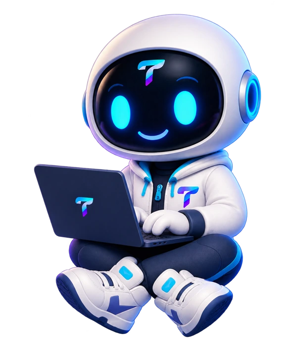 Mike, the official Taleya mascot, working on a laptop